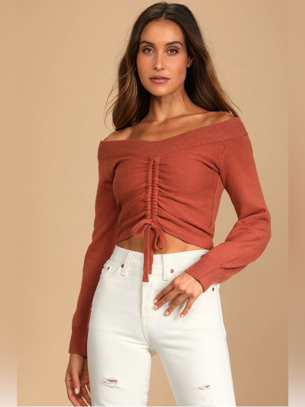 Lulus Snuggling Season Rust Brown Ruched Off-the-shoulder Sweater - Size XS